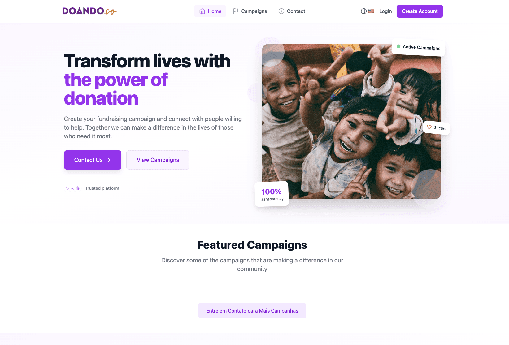 Doando.co — donation SaaS platform screenshot