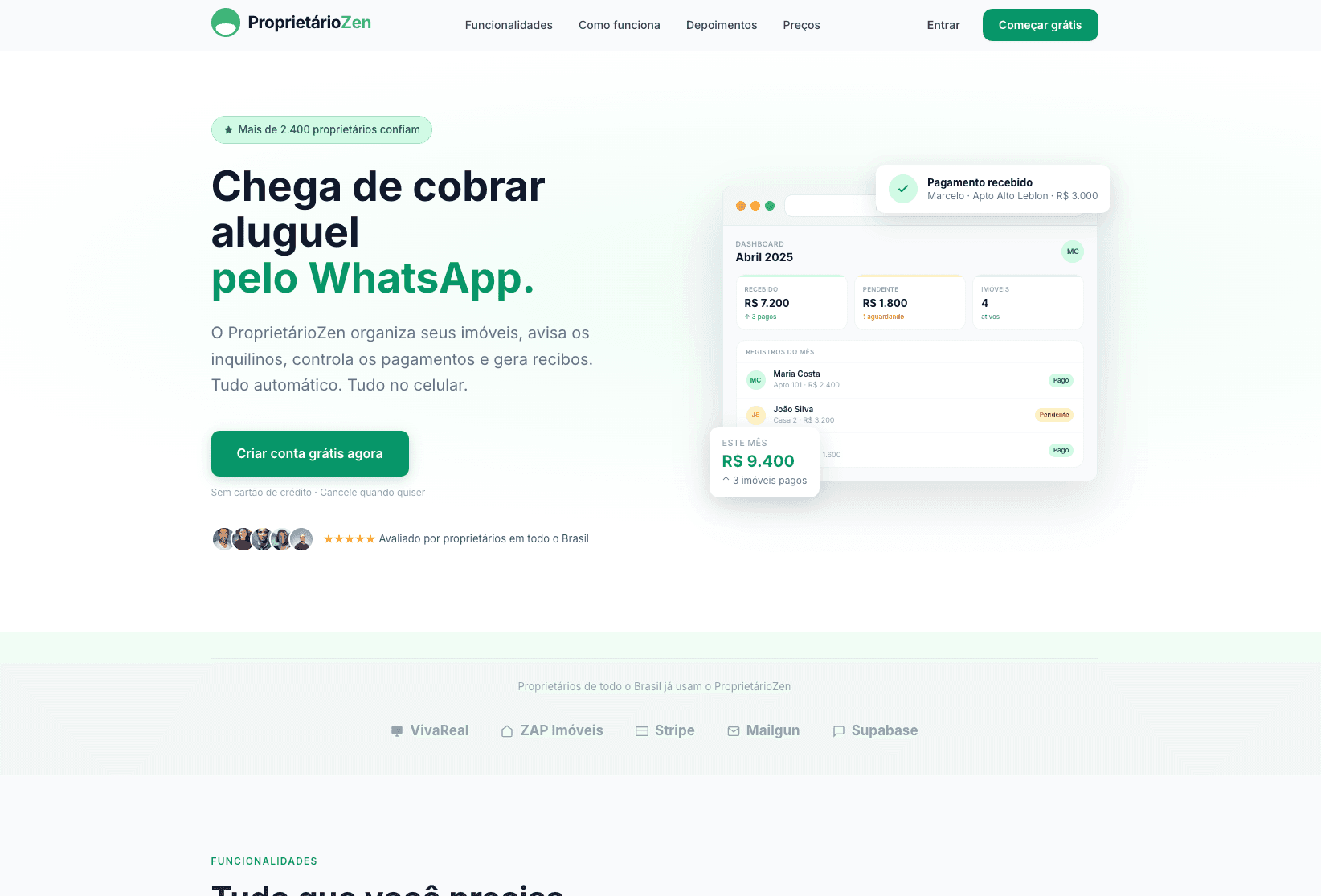 ProprietárioZen — real estate management SaaS dashboard screenshot